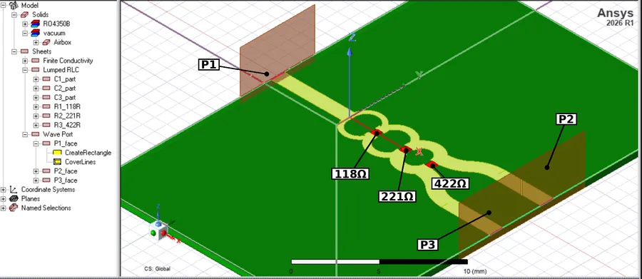 HFSS model of the tuned semi-circular Wilkinson divider in Ansys Electronics Desktop