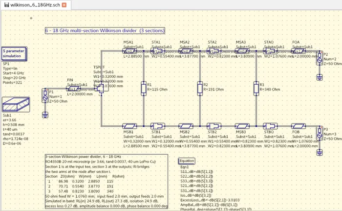 QUCS-S schematic of a multi-section microstrip Wilkinson divider generated by the LLM