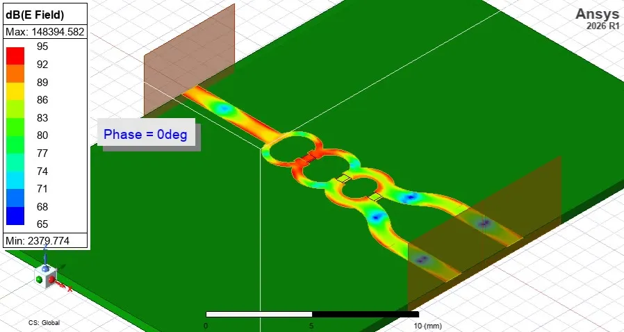 HFSS animation of the electric field on the semi-circular three-section Wilkinson divider over one RF cycle