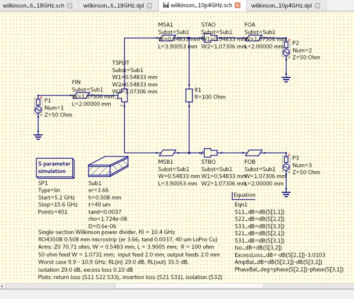 QUCS-S schematic of a single-section microstrip Wilkinson divider generated by the LLM